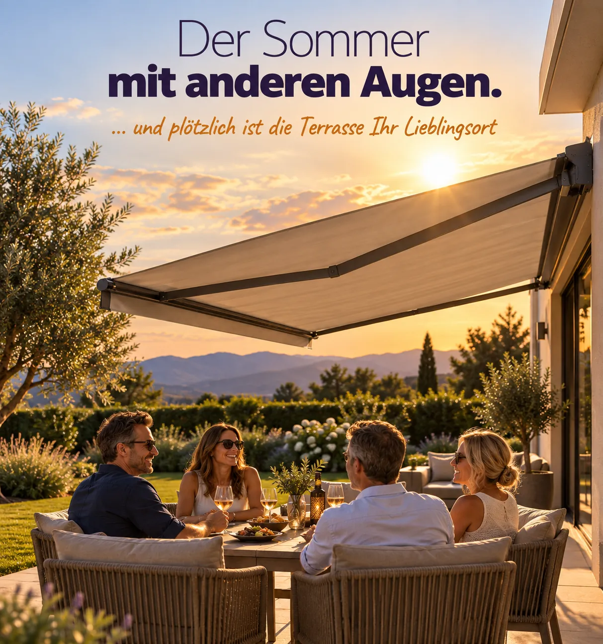 Freunde genießen den Sonnenuntergang im Garten unter einer Markise